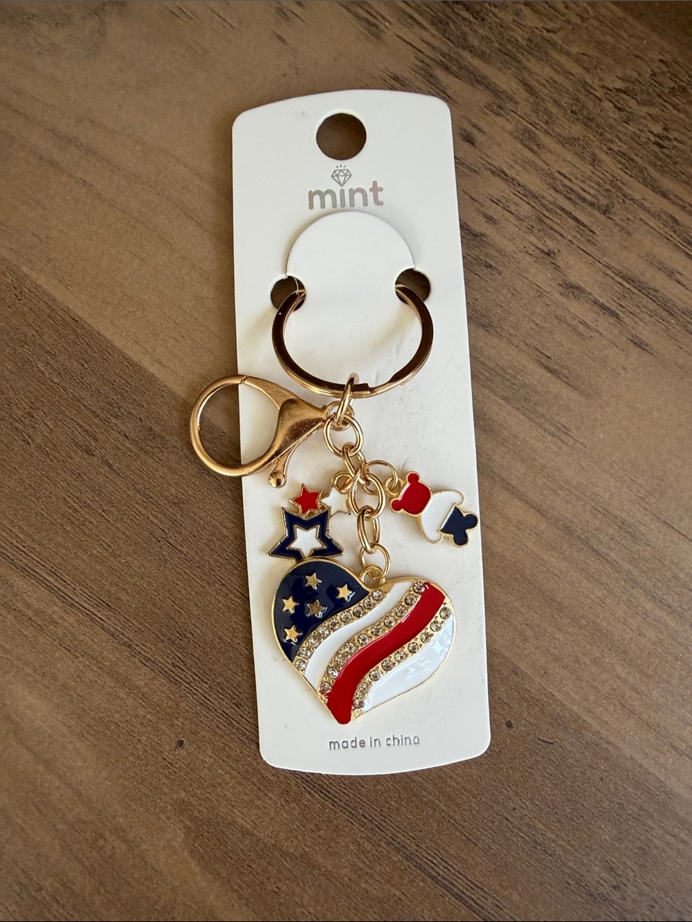 Mint Gold-tone Patriotic Heart Keychain with Red, White & Blue Enamel